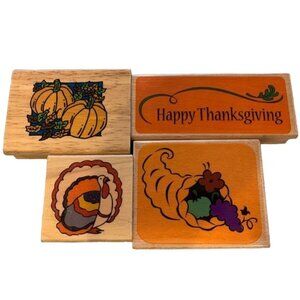 Thanksgiving Rubber Stamps Set Rustic Wooden Blocks Pumpkin Turkey Fun Decor